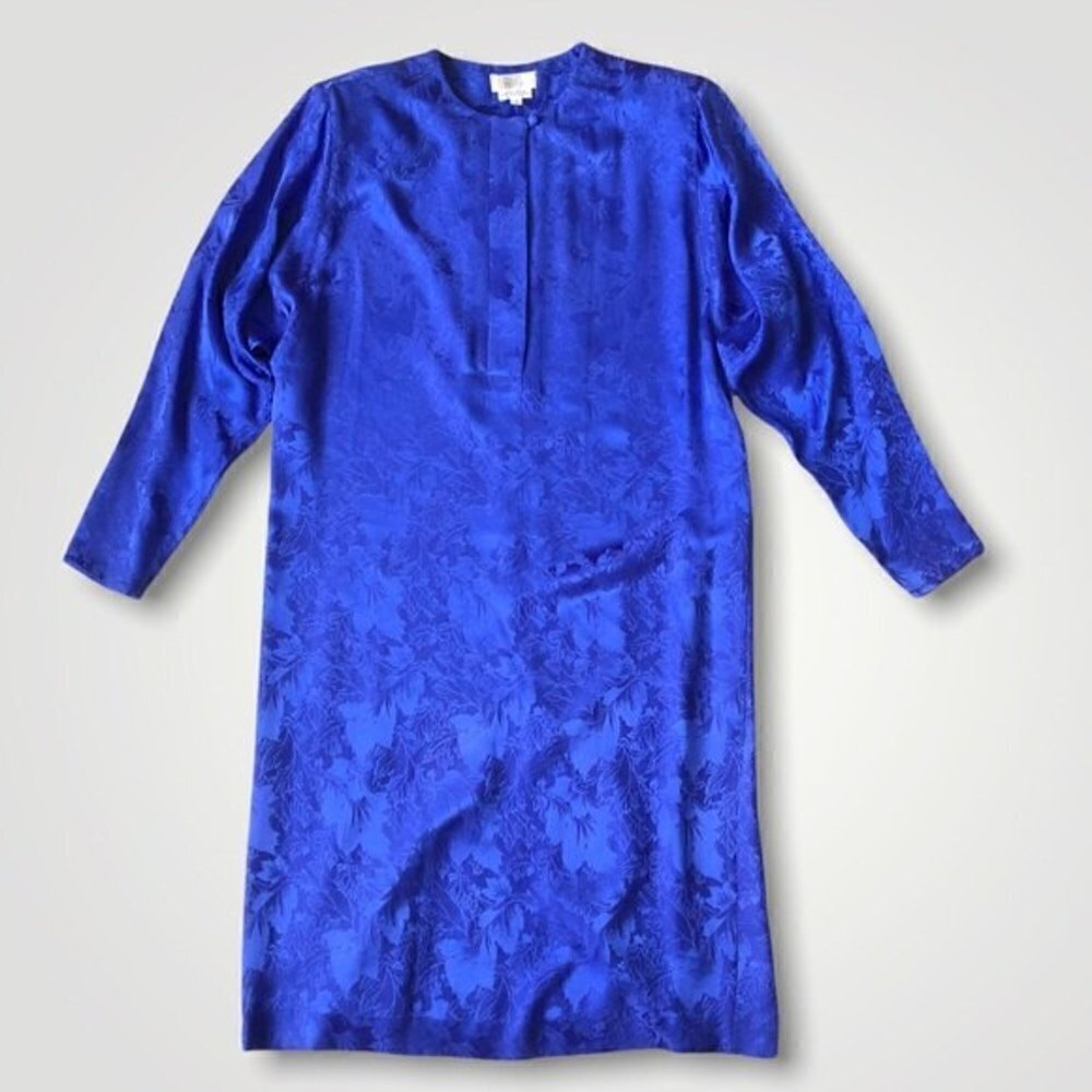 Gumps Silk Dress Vintage 80s Blue Floral Shirtdress - Picture 4 of 15